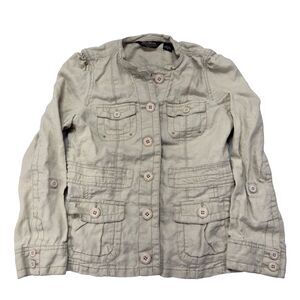 Eddie Bauer Womens Linen Utility Jacket (M) Beige Pockets Roll Tab Sleeves